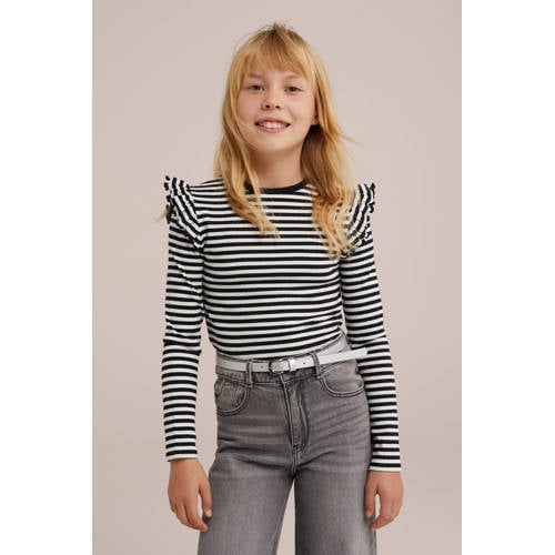 WE Fashion gestreepte longsleeve roze wit Zwart Meisjes Stretchkatoen Ronde hals 122 128
