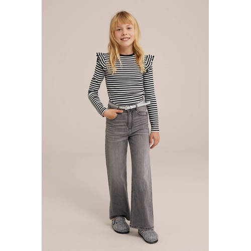 WE Fashion gestreepte longsleeve roze wit Zwart Meisjes Stretchkatoen Ronde hals 122 128