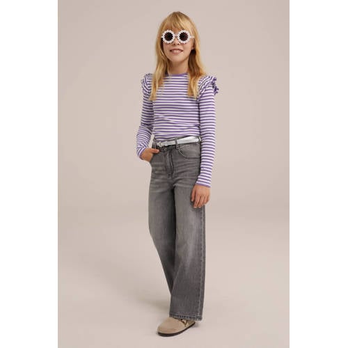 WE Fashion gestreepte longsleeve zwart wit Paars Meisjes Stretchkatoen Ronde hals 158 164