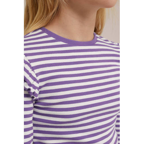 WE Fashion gestreepte longsleeve zwart wit Paars Meisjes Stretchkatoen Ronde hals 158 164