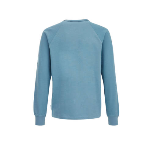 WE Fashion longsleeve met tekst blauw Jongens Katoen Ronde hals Tekst 134 140