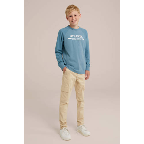 WE Fashion longsleeve met tekst blauw Jongens Katoen Ronde hals Tekst 92