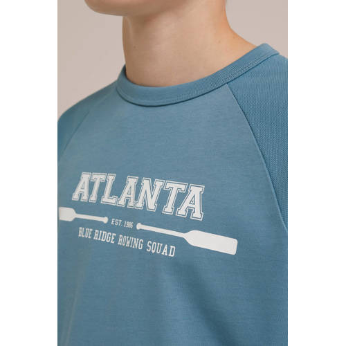 WE Fashion longsleeve met tekst blauw Jongens Katoen Ronde hals Tekst 92