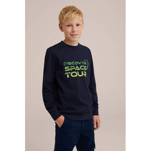 WE Fashion longsleeve met tekst donkerblauw Jongens Katoen Ronde hals Tekst 92
