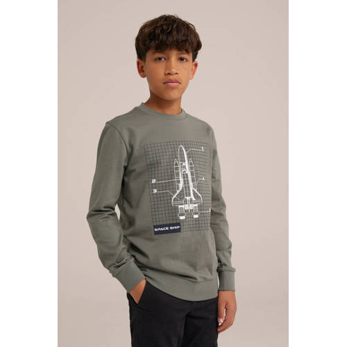 WE Fashion longsleeve met printopdruk grijsgroen Jongens Katoen Ronde hals 92