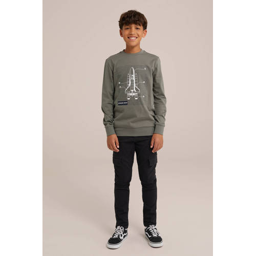WE Fashion longsleeve met printopdruk grijsgroen Jongens Katoen Ronde hals 92