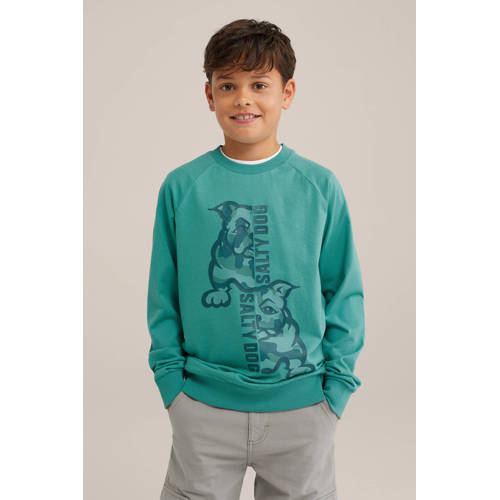 WE Fashion longsleeve met printopdruk groen Jongens Katoen Ronde hals Printopdruk 170 176