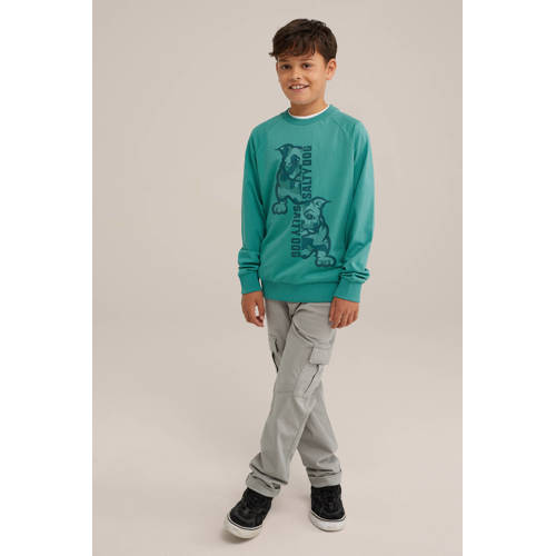 WE Fashion longsleeve met printopdruk groen Jongens Katoen Ronde hals Printopdruk 170 176
