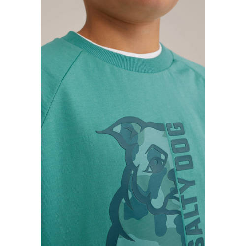 WE Fashion longsleeve met printopdruk groen Jongens Katoen Ronde hals Printopdruk 170 176