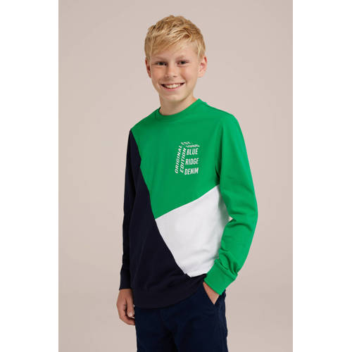 WE Fashion longsleeve groen wit blauw Jongens Katoen Ronde hals Meerkleurig 170 176