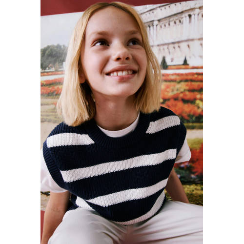 Mango Kids gestreepte top donkerblauw wit Meisjes Katoen Ronde hals Streep 116