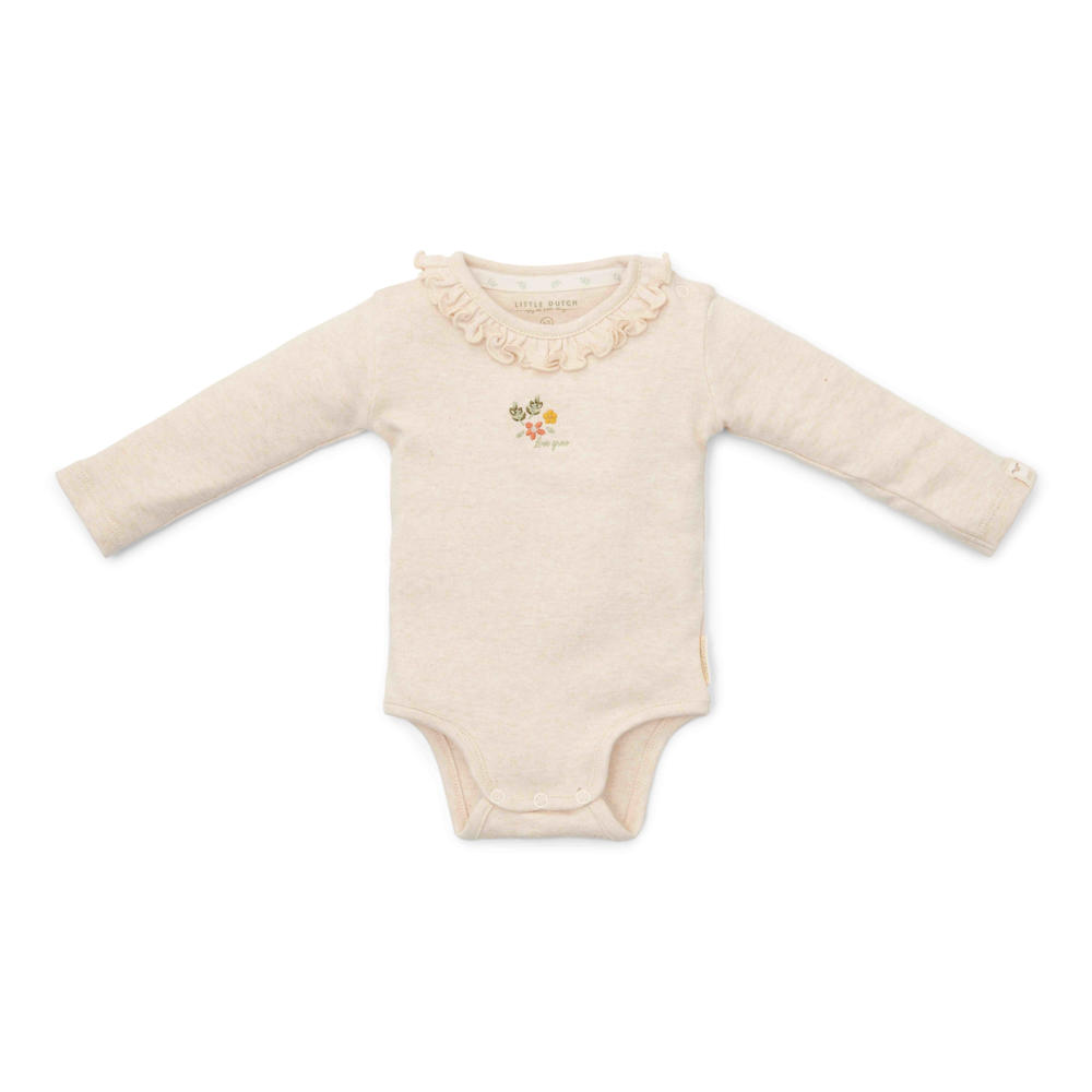 Beige meisjes Little Dutch romper van katoen met printopdruk, lange mouwen, ronde hals, drukknoopsluiting en ruches