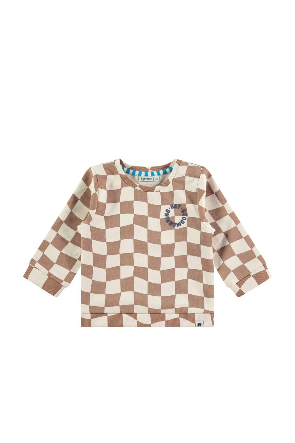 Camel en witte jongens Babyface geruite longsleeve van stretchkatoen met lange mouwen en ronde hals