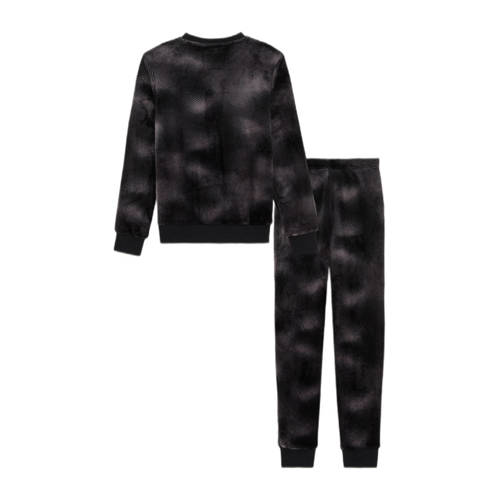 WE Fashion fleece pyjama met dessin zwartg grijs All over print 146 152