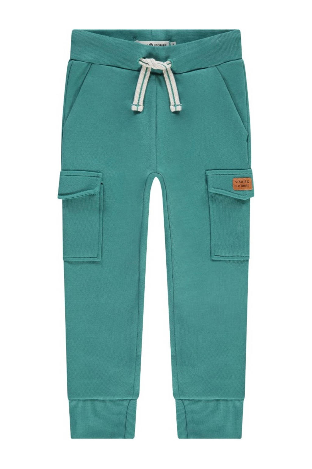 Groene jongens Stains&Stories broek van katoen met elastische tailleband met koord en effen