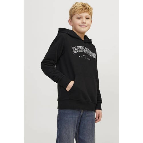 JACK & JONES JUNIOR hoodie JJECALEB VARSITY met logo zwart Sweater Jongens Katoen Capuchon
