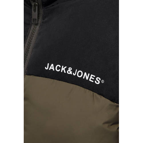 jack & jones JUNIOR gewatteerde jas olijfgroen zwart Jongens Polyester Opstaande kraag 140