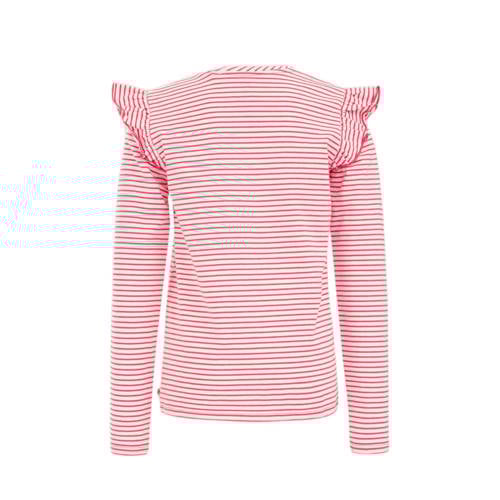 WE Fashion gestreepte longsleeve felroze wit Meisjes Stretchkatoen Ronde hals 122 128