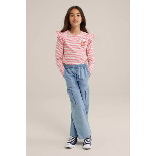 WE Fashion gestreepte longsleeve felroze wit Meisjes Stretchkatoen Ronde hals 122 128