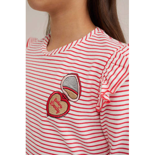 WE Fashion gestreepte longsleeve felroze wit Meisjes Stretchkatoen Ronde hals 122 128