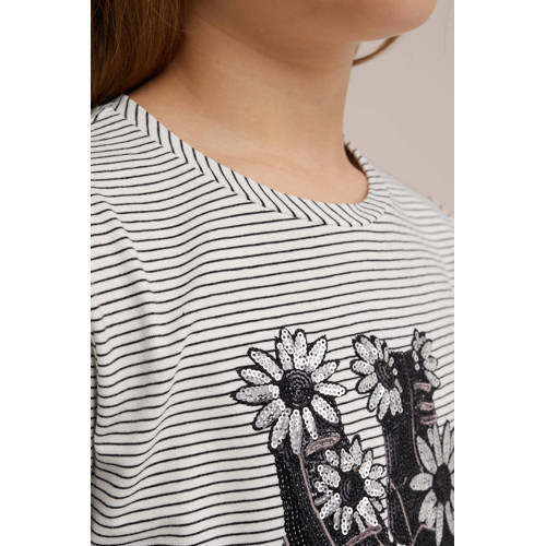 WE Fashion gestreepte longsleeve zwart wit Meisjes Stretchkatoen Ronde hals 98 104