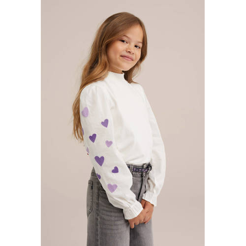 WE Fashion top wit paars lila Meisjes Katoen Ronde hals Effen 122 128