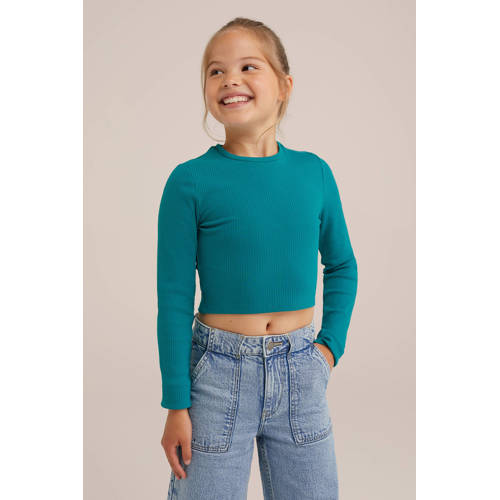 WE Fashion longsleeve petrol groen Meisjes Stretchkatoen Ronde hals Effen 146 152