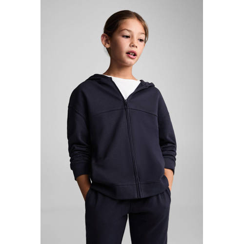 Mango Kids sweatvest donkerblauw Jongens Katoen Capuchon Effen 152