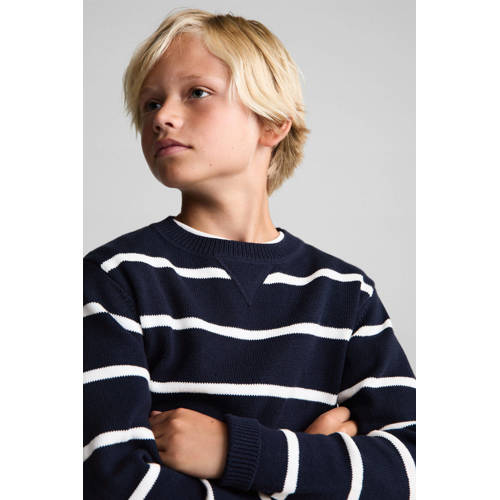 Mango Kids pullover donkerblauw Trui Jongens Katoen Ronde hals Streep 116