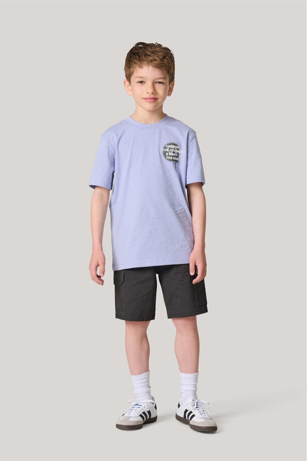 Paarse jongens Shoeby T-shirt lichtpaars van katoen met effen, korte mouwen en ronde hals