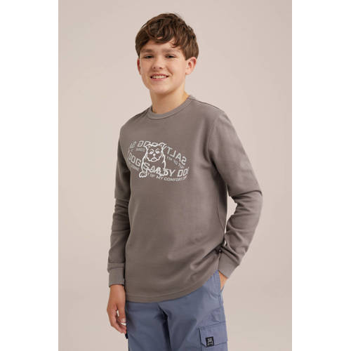 WE Fashion longsleeve met printopdruk lichtbruin Jongens Katoen Ronde hals 122 128