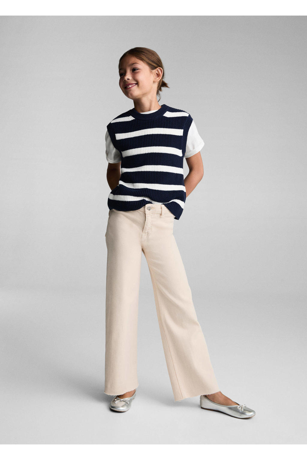 Beige meisjes Mango Kids broek van denim met rits- en knoopsluiting en effen