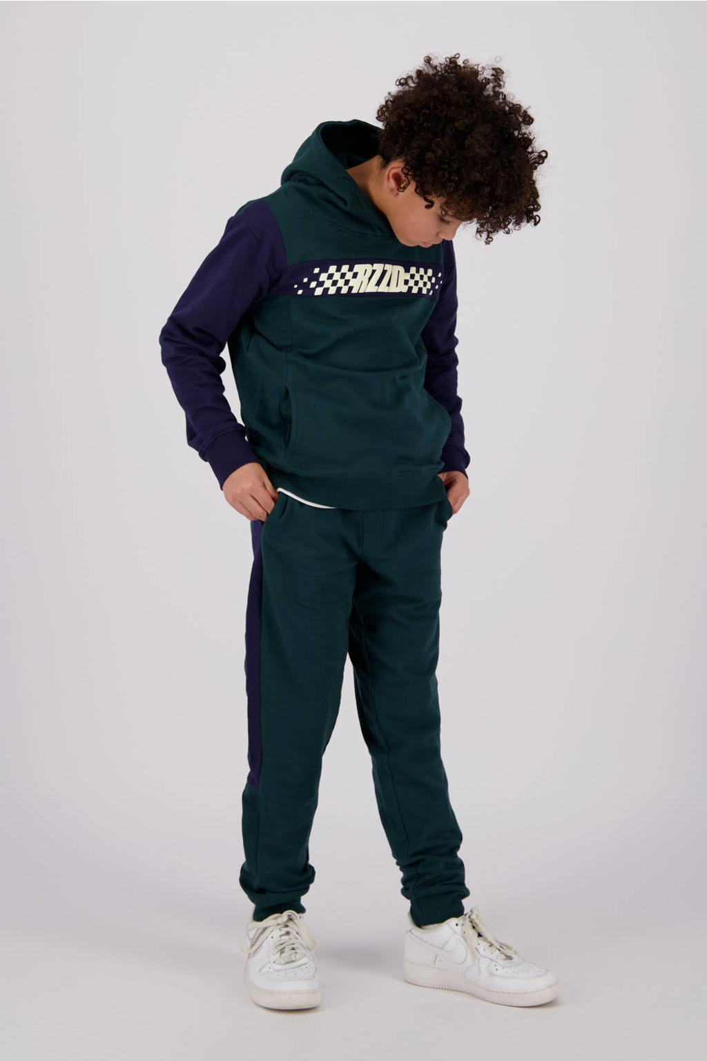 Donkergroen en donkerblauwe Raizzed hoodie Karup van sweat materiaal met logo dessin, lange mouwen, capuchon en geribde boorden