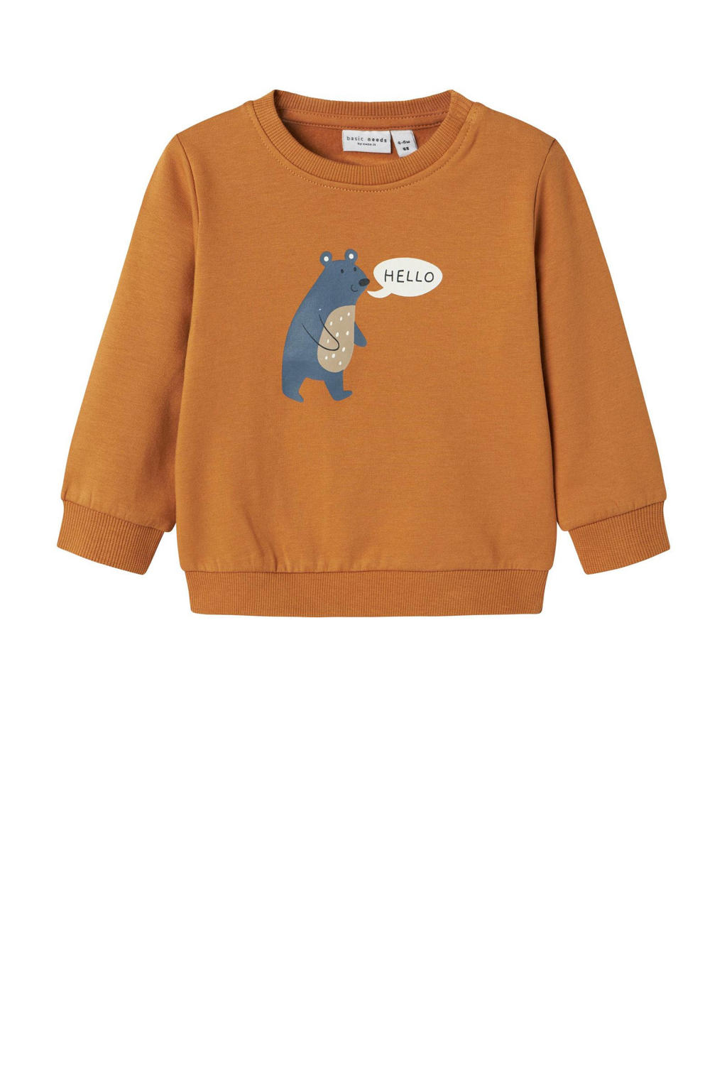 Camelkleurige jongens NAME IT BABY sweater met printopdruk, lange mouwen en ronde hals