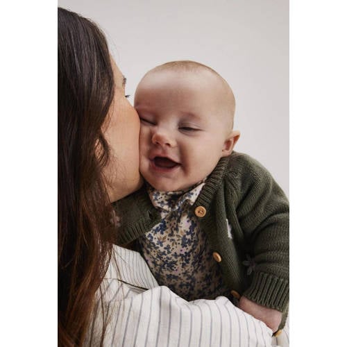 Name it BABY gebloemd vest olijf groen wit roze Meisjes Katoen V-hals 68
