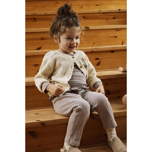LIL' ATELIER MINI grofgebreid vest NMFEMLEN met printopdruk en borduursels ecru Meisjes Katoen Ronde hals 122 128