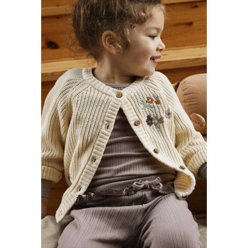 LIL' ATELIER MINI grofgebreid vest NMFEMLEN met printopdruk en borduursels ecru Meisjes Katoen Ronde hals 122 128