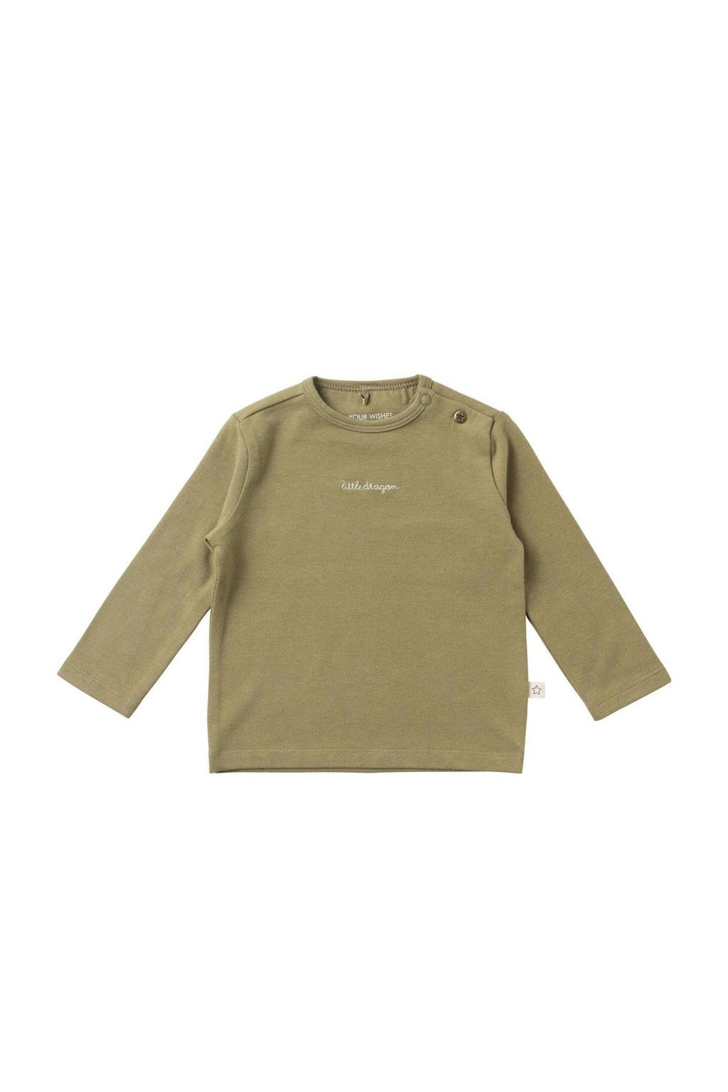 Olijfgroene jongens Your Wishes baby longsleeve van katoen met effen, lange mouwen en ronde hals