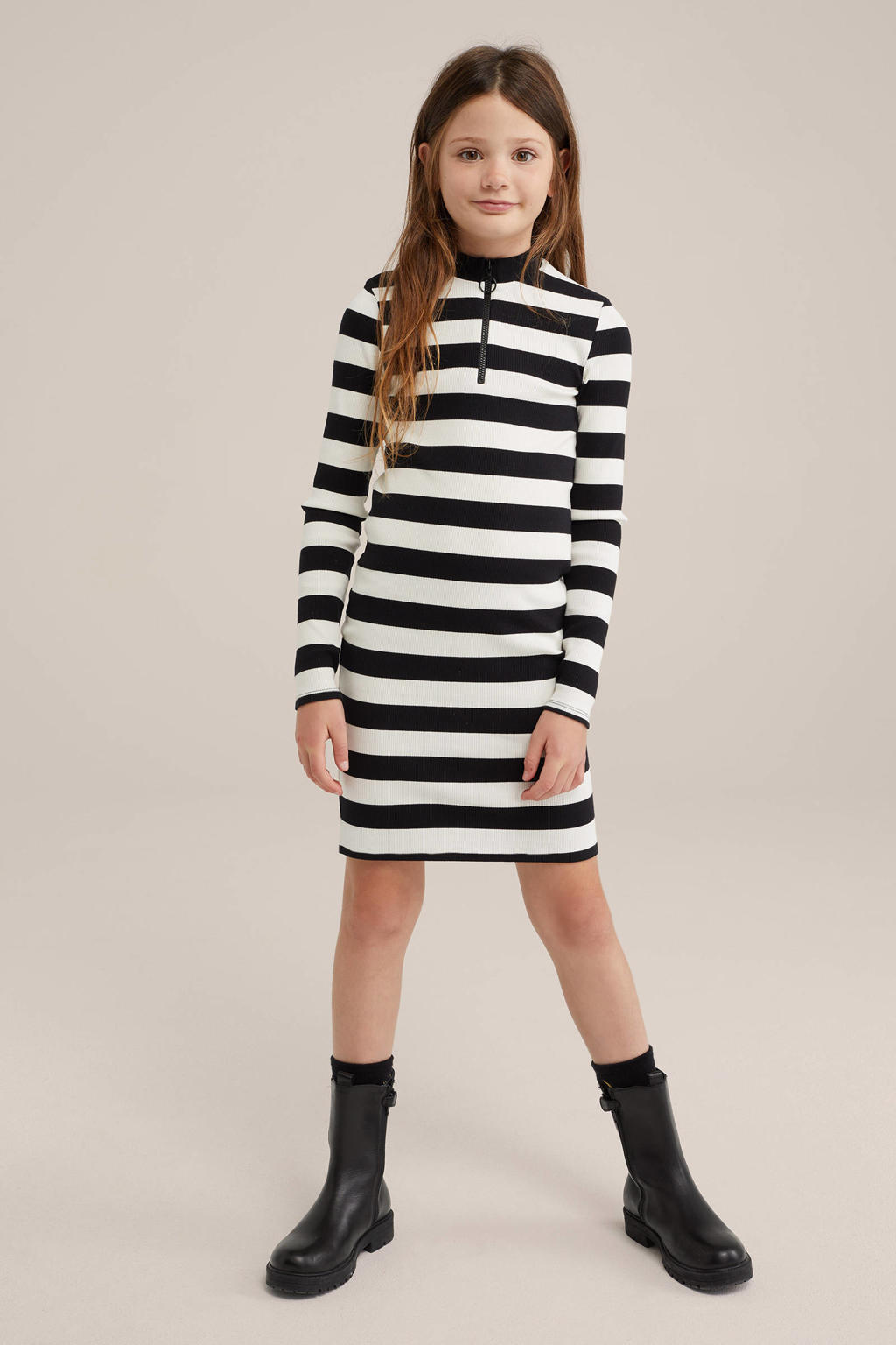 Witte meisjes WE Fashion gestreepte bodycon jurk van stretchkatoen met lange mouwen, ronde hals en halve rits