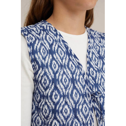 WE Fashion gilet met all over print blauw wit Meisjes Polyester V-hals 170 176