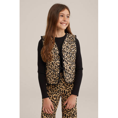 WE Fashion gilet met panterprint bruin zwart Beige Meisjes Polyester V-hals 158 164