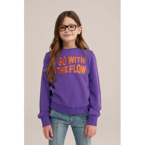 WE Fashion sweater donkerpaars Trui Meisjes Katoen Ronde hals Tekst 110 116