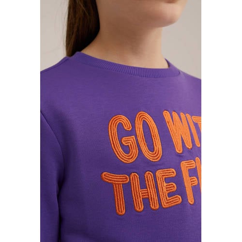 WE Fashion sweater donkerpaars Trui Meisjes Katoen Ronde hals Tekst 110 116