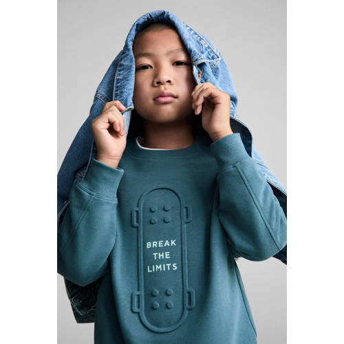 Mango Kids sweater blauw Trui Jongens Katoen Ronde hals Printopdruk 116