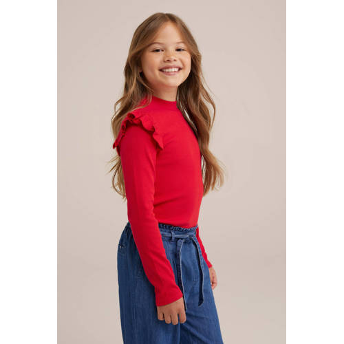 WE Fashion longsleeve Rood Meisjes Stretchkatoen Ronde hals Effen 122 128