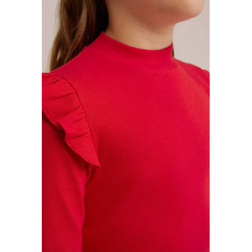 WE Fashion longsleeve Rood Meisjes Stretchkatoen Ronde hals Effen 122 128