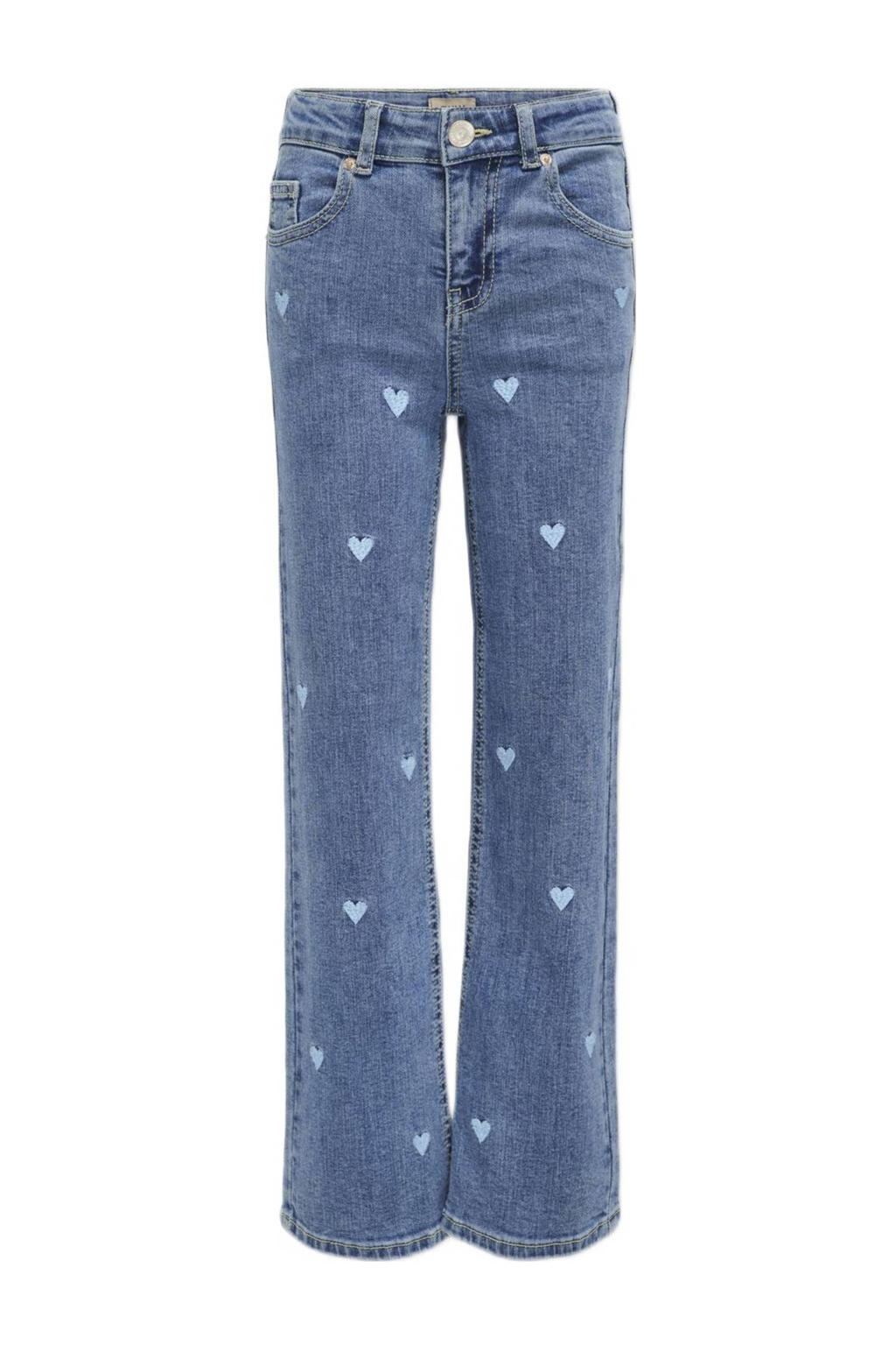 Medium blue denim meisjes KIDS ONLY GIRL wide leg jeans print Medium blue van stretchkatoen met hartjesprint