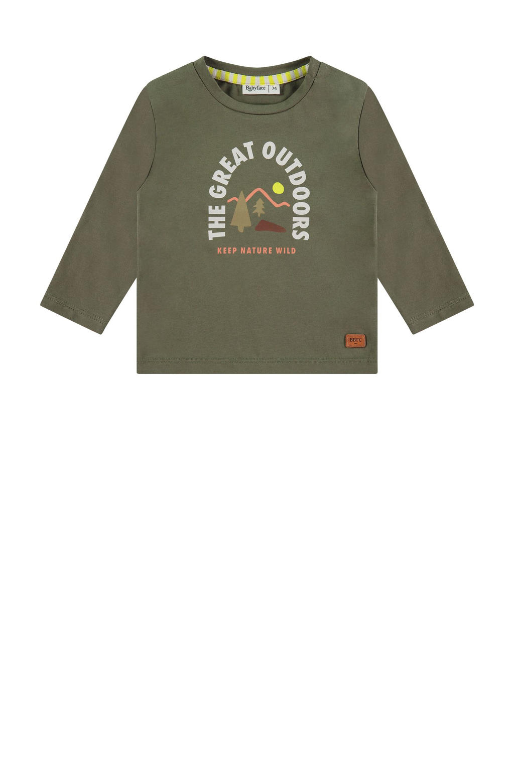 Olijfgroene jongens Babyface baby longsleeve van stretchkatoen met printopdruk, lange mouwen en ronde hals