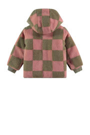 thumbnail: Roze en groene meisjes Stains&Stories geruite teddy winterjas met lange mouwen, capuchon en ritssluiting