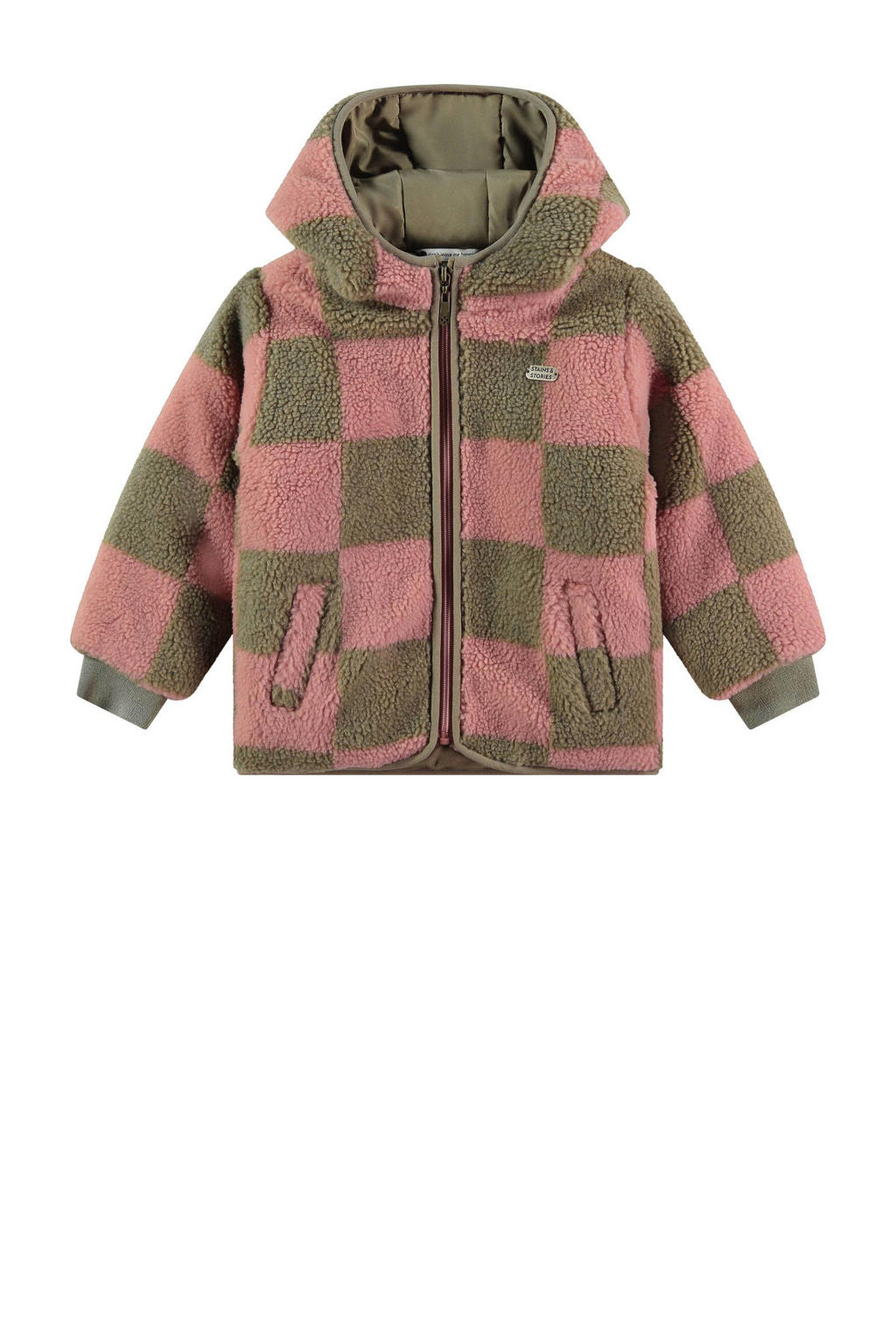 Roze en groene meisjes Stains&Stories geruite teddy winterjas met lange mouwen, capuchon en ritssluiting